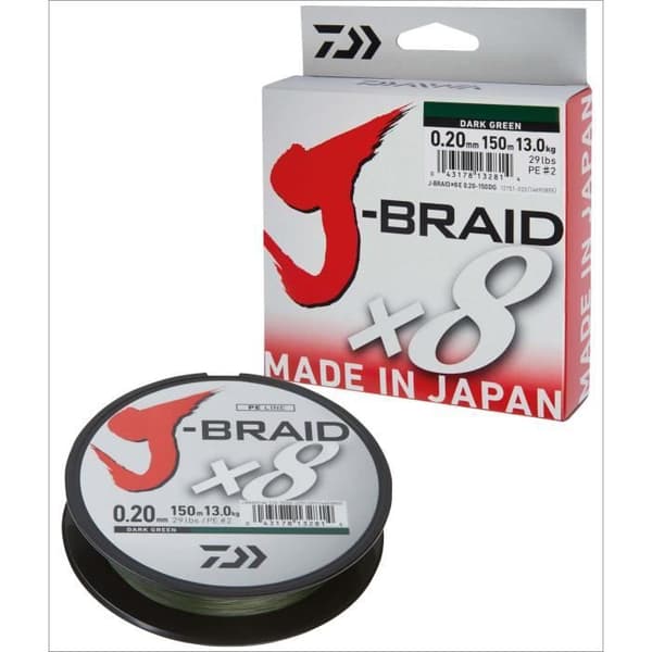 Flätad fiskelinje - Daiwa - J-Braid - 0,06 mm - 4,0 kg-9,0 lbs - 150 m mörkgrön