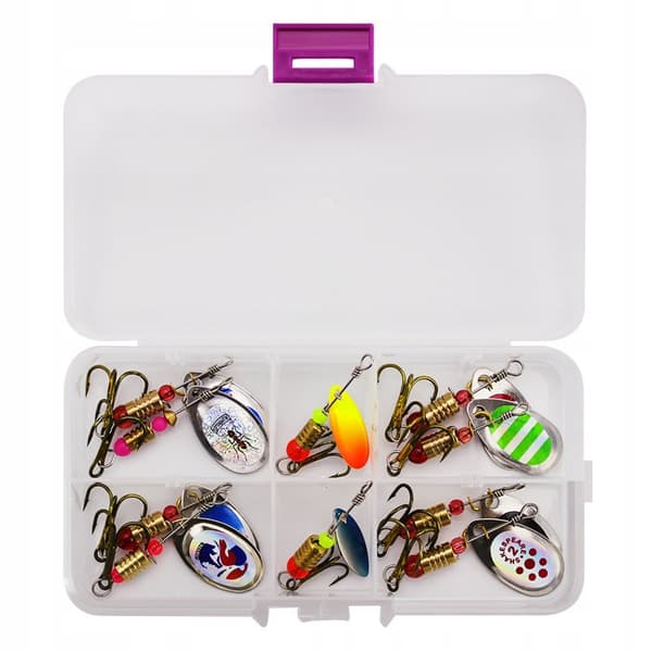 Sæt med 10 stk. SPINNER-ark GEDDE OG ZANDER 2,5-4,5 g + ORGANIZER-æske