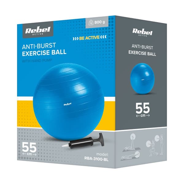 Rehabiliteringsgymnastikboll 55cm med handpump, blå, REBEL ACTIVE