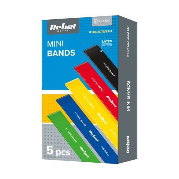 Sæt med latex træningsbånd - Mini Band L, 2,3-18,2 kg, 5 bånd, farverige, REBEL ACTIVE