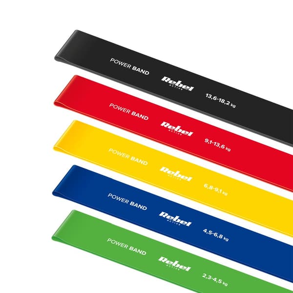 Sæt med latex træningsbånd - Mini Band L, 2,3-18,2 kg, 5 bånd, farverige, REBEL ACTIVE