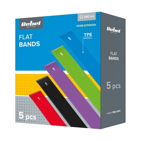Set med TPE träningsband 2m - Långt band Ls-1, 1,5-11,5 kg, 5 band, REBEL ACTIVE