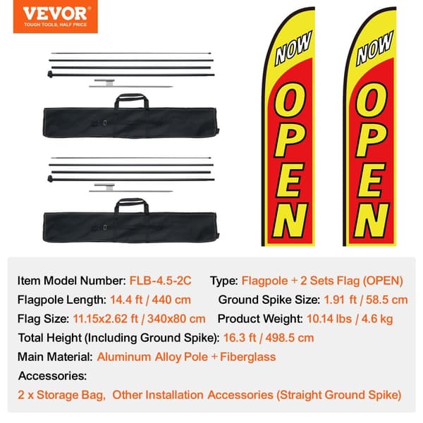 VEVOR Flagstang Sæt, 14,4 fod Længde, 3 Sæt, Letvægts 12,34 lbs,Åben 2 sæt 10,14 lbs