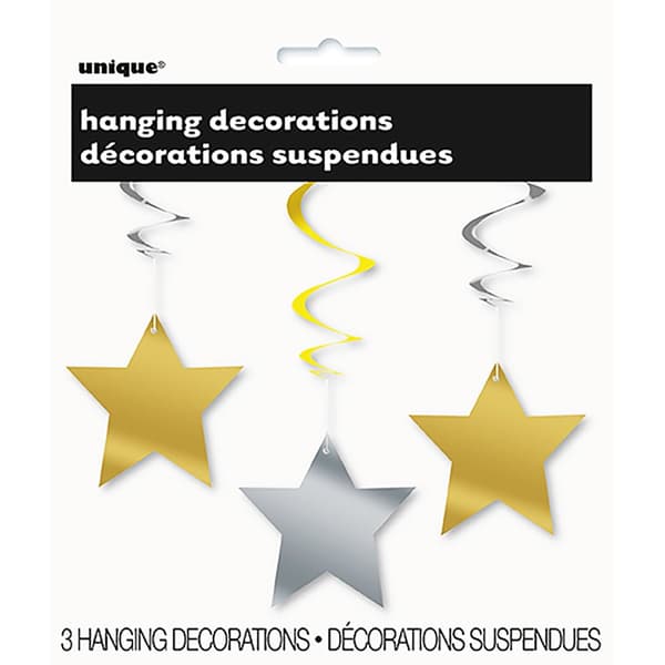 Unique Party Stjernedekorationer med hvirvler (pakke med 3) Gold/Silver One Size