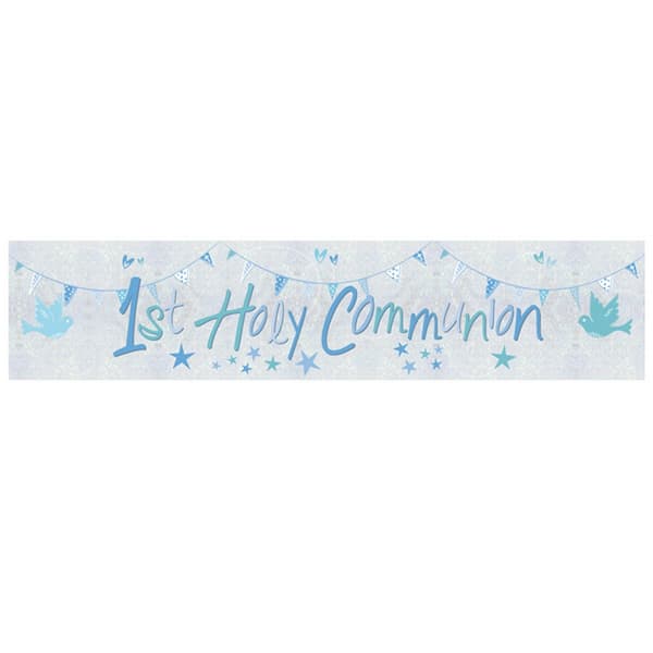 Amscan Foliebanner til første hellige kommunion Silver/Blue W2.7m x H30.4cm