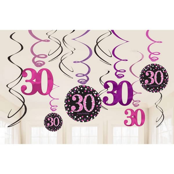 Amscan Sparkling Pink 30th Birthday Swirls Decorations (Pack Of 12) Pink One Size