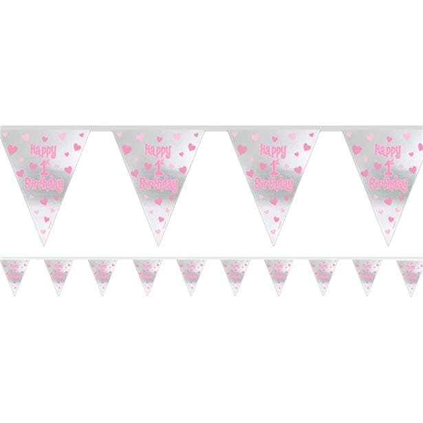 Vimpel "Happy 1st Birthday" rosa/silver