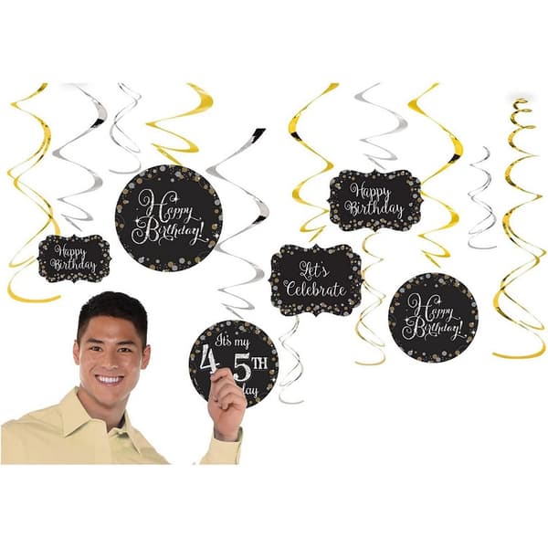 Amscan Glitter 45th Birthday Streamers (Pack of 12) Black/Silver/Gold One Size