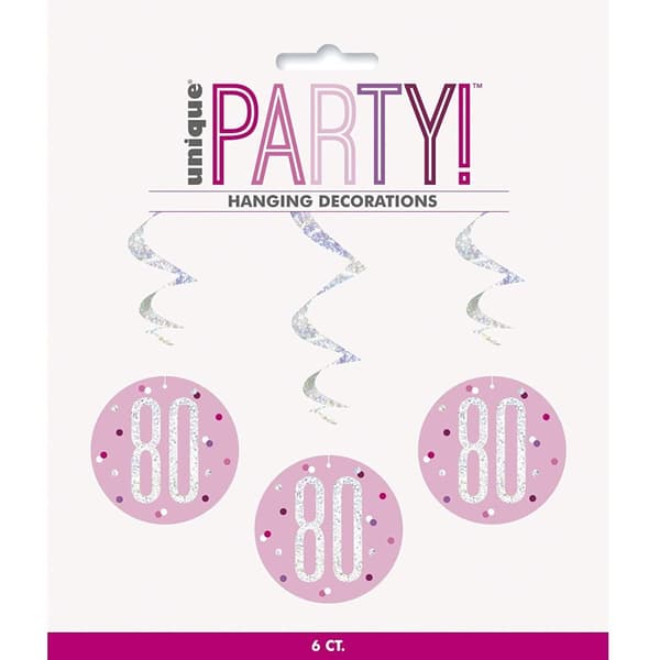 Unique Party Swirl 80th Hanging Decoration (Pack of 6) Pink/Silver One Size