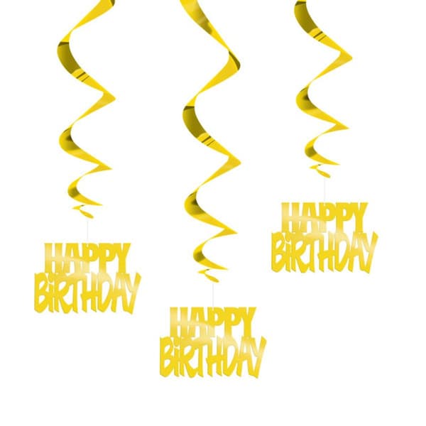 Unique Party Swirl Happy Birthday Hanging Decoration (Pack of 3) Gold One Size