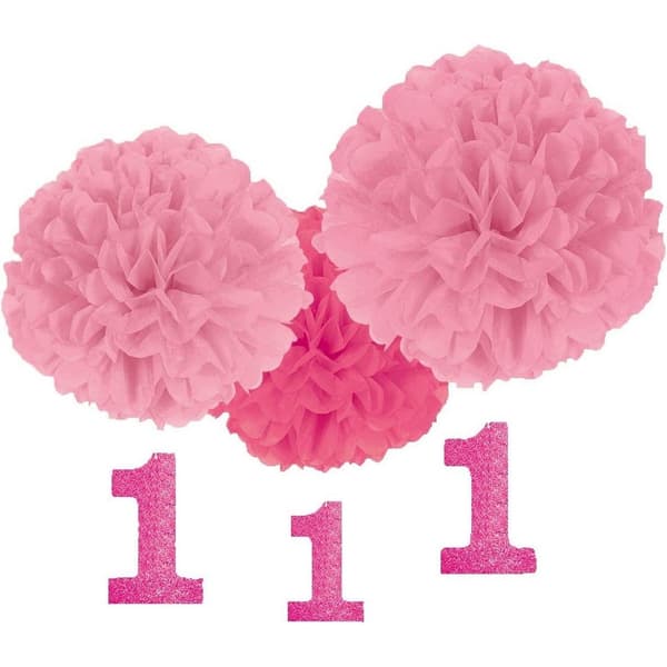 Amscan Fluffy Pom Pom 1st Birthday Hanging Decoration (Pack of 3) Pink One Size