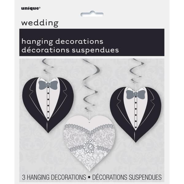 Unique Party Heart Wedding Hanging Decoration (Pack of 3) Black/White/Silver One Size