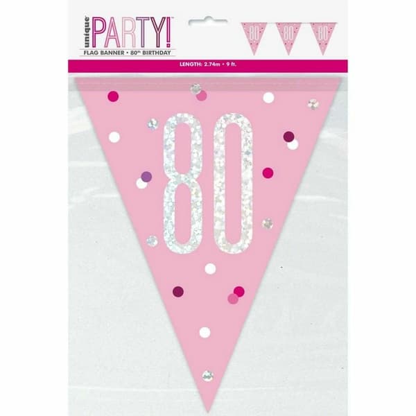 Unique Party Plastic Pennant 80th Banner Pink/Silver One Size