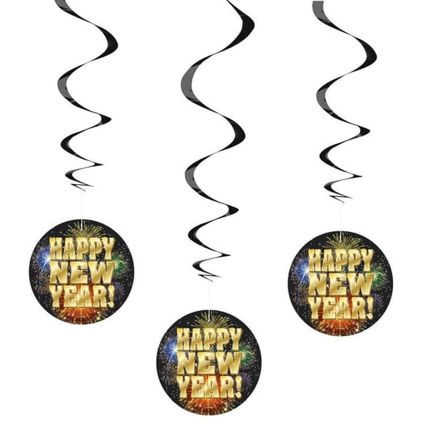 Unique Party Happy New Year Hanging Decoration (Pack of 3) Black/Gold One Size