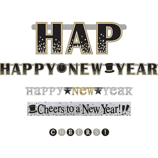 Happy New Year Foil Party Door Banner (Pack of 4) Black/Gold/Silver One Size