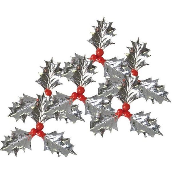 Anniversary House Holly Cake Decoration (Pack of 5) Silver/Red One Size