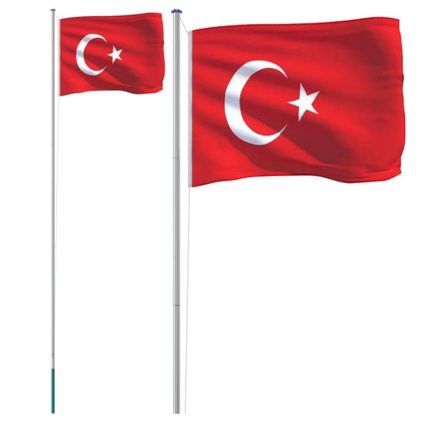Tyrkiet flag og flagstang 6,23 m aluminium