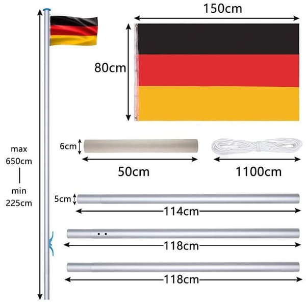 YUENFONG Flagga för Tyskland - Justerbart flaggstång i aluminium 6,5 m - 5 olika höjder