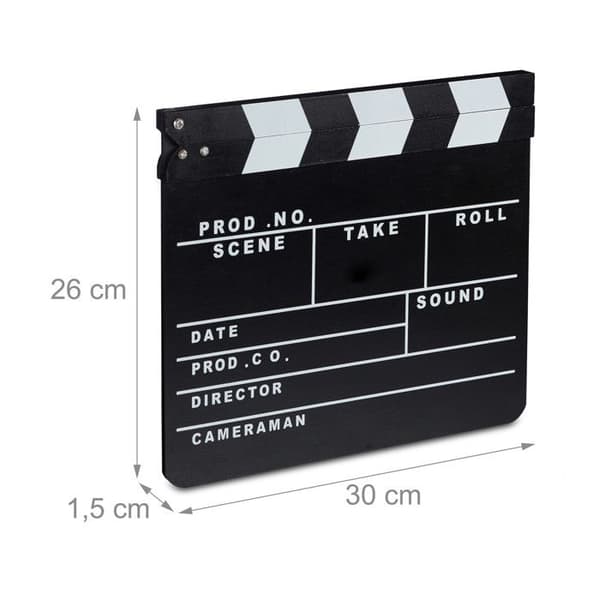 Relaxdays Filmklapper Hollywood filmklapp sceninskription dekoration HxlxP: 26 x 30 x 30 cm, svart