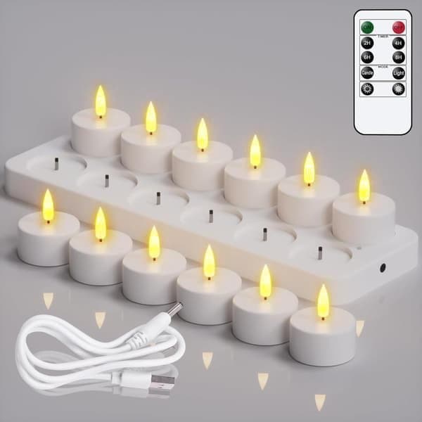12 st laddningsbara LED värmeljus utan låga – med fjärrkontroll och timer, batteridrivna ljus för Halloween och festdekoration 12 st