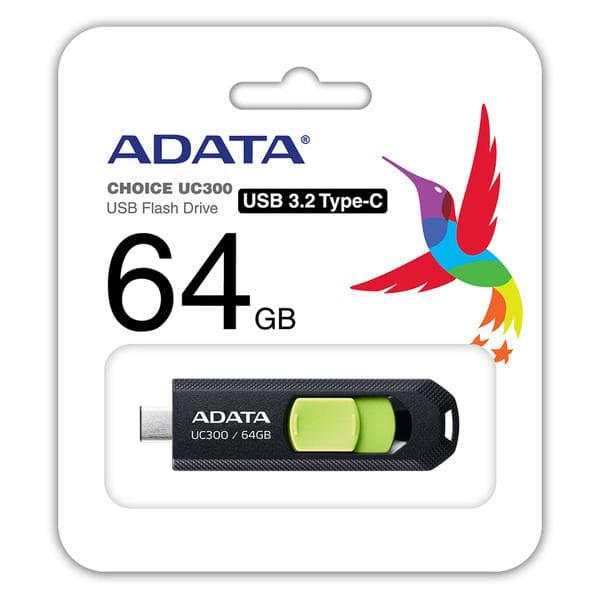 MEMORY DRIVE FLASH USB-C 64GB/ACHO-UC300-64G-RBK/GN ADATA Sort, Grøn