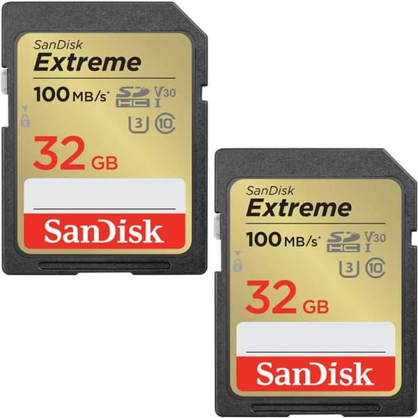 SanDisk Extreme 32GB SDHC Memory Card + 1 year RescuePRO Deluxe up to 100MB/s & 60MB/s Read/Write speeds, UHS-I, Class 10, U3, V30 - Twin-pack