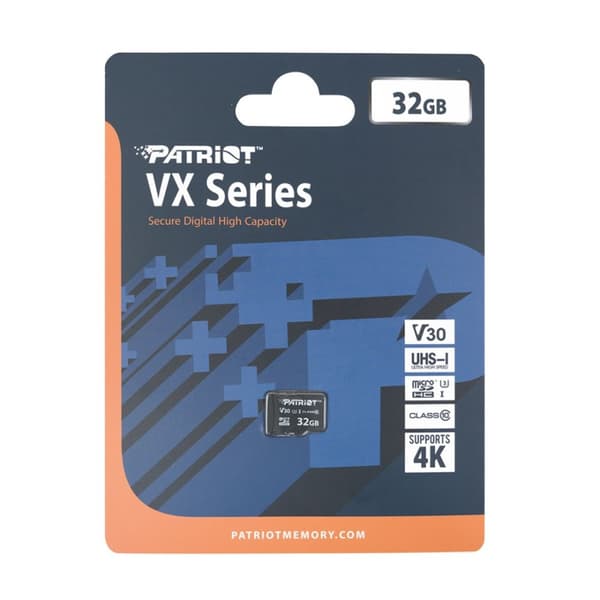Hukommelseskort PATRIOT VX-serien 32GB MicroSDXC V30 Klasse 10 UHS-I U3 4K UHD (PSF32GVX31MCH)