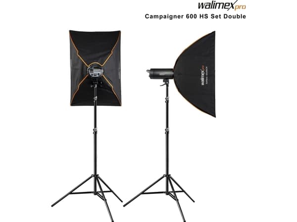 Walimex pro Campaigner 600 HS Set Double med integrert 2,4 GHz mottaker, 600 Ws, rask brenntid, LED-modelleringslys og brukervennlig kontrollpanel, h