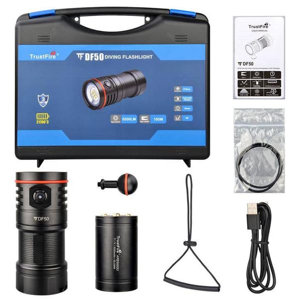 Undervattens Ficklampa Dykning TrustFire DF50, 6500 Lumen, 70 Meters Djup, 105 Meter Räckvidd