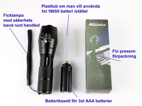 Led ficklampa 1x XM-L T6 led 1000 Lumen Zoom t. jakt fiske