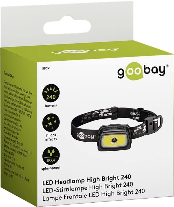 Goobay LED-pandelampe High Bright 240 med 240 lm og koldt hvidt lys (6500 K), perfekt til fritid, sport, camping, fiskeri, jagt og autohjælp
