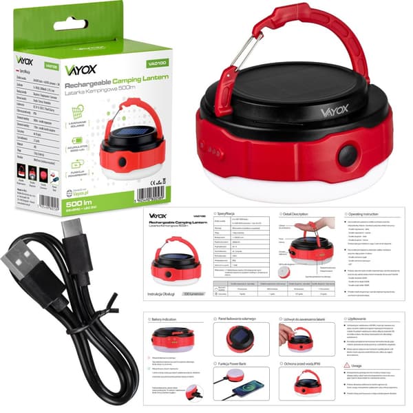 Lommelygte med solenergi til camping 500lm VA0100 VAYOX