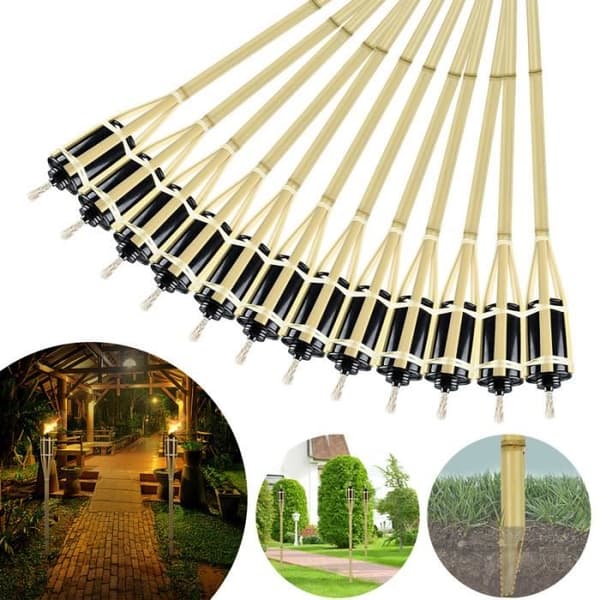 YUENFONG Set med 12 trädgårdsfacklor i bambu för utomhusbruk, höjd: 90 cm, oljefacklor med veke