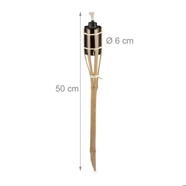 Relaxdays trädgårdsfackla, set om 10, bambu, oljelampa för utomhusbruk, med ersättningsvekar, höjd: 50 cm, natur