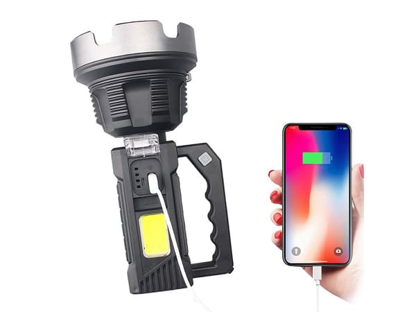 LED-taskulamppu jalustalla ja Powerbankilla