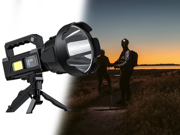 LED-taskulamppu jalustalla ja Powerbankilla