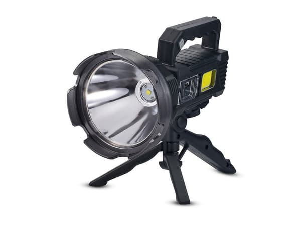 LED-taskulamppu jalustalla ja Powerbankilla