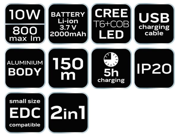 Ladattava USB-taskulamppu 800lm 2 in 1 CREE T6 LED