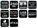 Miniatyrbillede 1 af 6: Genopladelig USB-lommelygte 1000lm OSRAM P9 LED