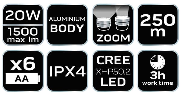 Paristokäyttöinen taskulamppu 6xAA 1500lm CREE XHP50.2 LED