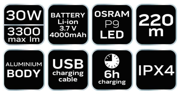 Ladattava USB-taskulamppu 3300lm OSRAM P9 LED