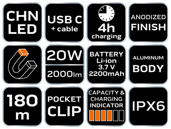 Ladattava USB C taskulamppu 2000lm CHN LED