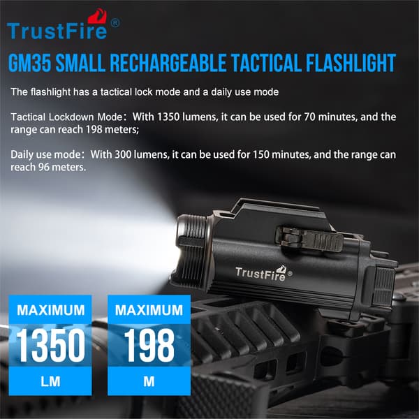Trustfire GM35 taktisk lommelygte, 1350 lumen, USB genopladelig,sort, Li-polymer batteri