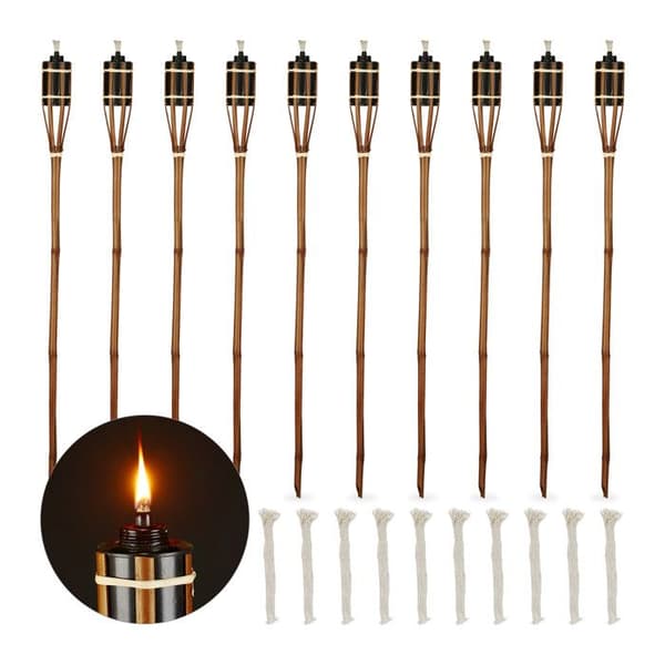 Relaxdays trädgårdslampa, paket med 10, bambu, oljelampa för utomhusbruk, med reservvax, höjd: 90 cm, brun