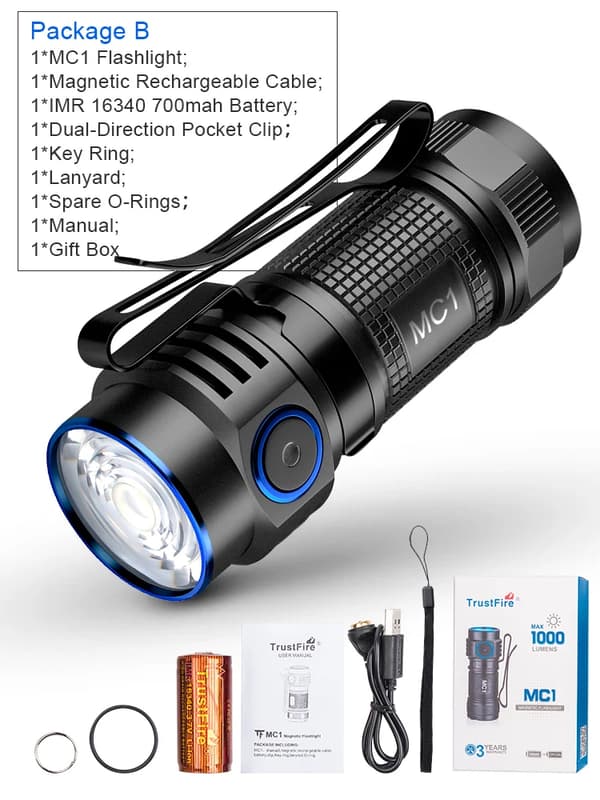 Genopladelig lommelygte, 1000 lumen, IPX8 vandtæt, magnetisk opladning,16340, med 16340 batteri