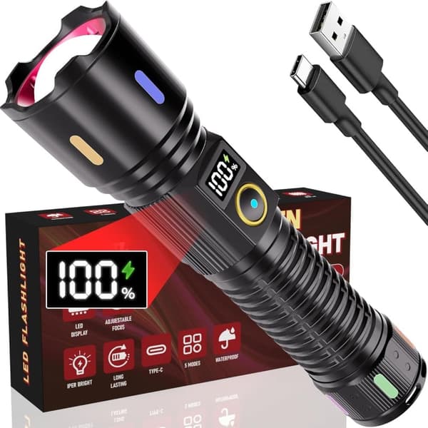 OBOSOE Ladattava LED-taskulamppu 2000LM – Kirkas taktinen valo zoomilla ja 5 valotilalla Inkluderar 1×26650-batteri