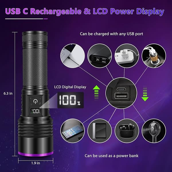 OBOSOE UV-taskulamppu 365nm, ladattava musta valo LCD-näytöllä, tehokas UV-käsivalo virtsalle, skorpioneille, hartsille, lasille