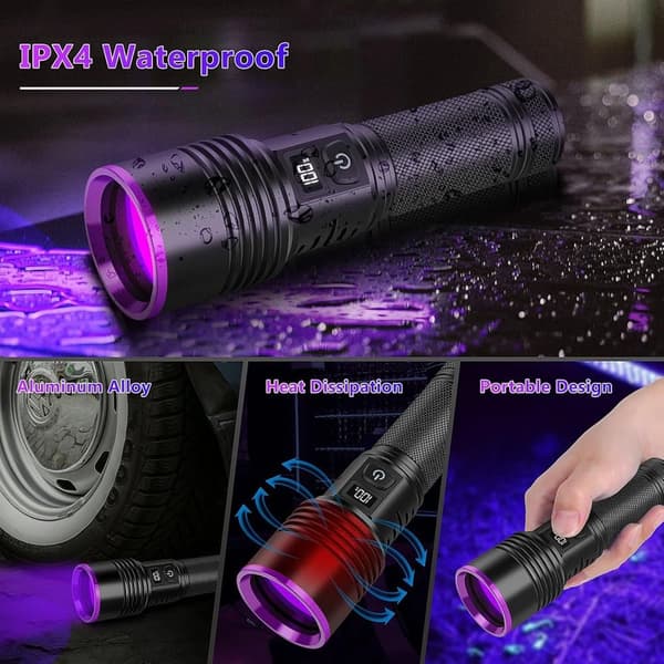 OBOSOE UV-taskulamppu 365nm, ladattava musta valo LCD-näytöllä, tehokas UV-käsivalo virtsalle, skorpioneille, hartsille, lasille