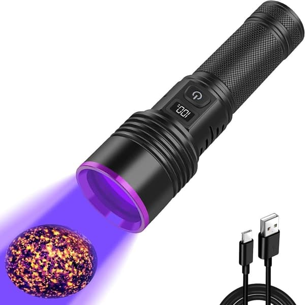 OBOSOE UV-taskulamppu 365nm, ladattava musta valo LCD-näytöllä, tehokas UV-käsivalo virtsalle, skorpioneille, hartsille, lasille 4-kärnig violett ljus