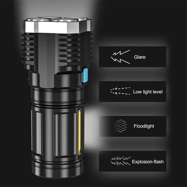 OBOSOE Kraftfull LED-ficklampa – 4 lampor, USB-laddning, COB-sidobelysning